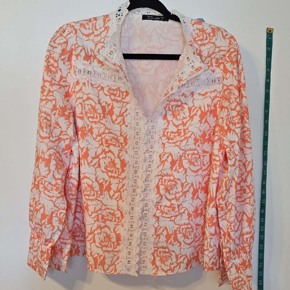 Simple Women's Floral Lace Blouse - Orange and White